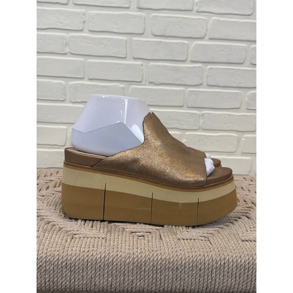 Naked Feet Flow Bronze Leather Platform Slide Sandals Size 7.5, Brown